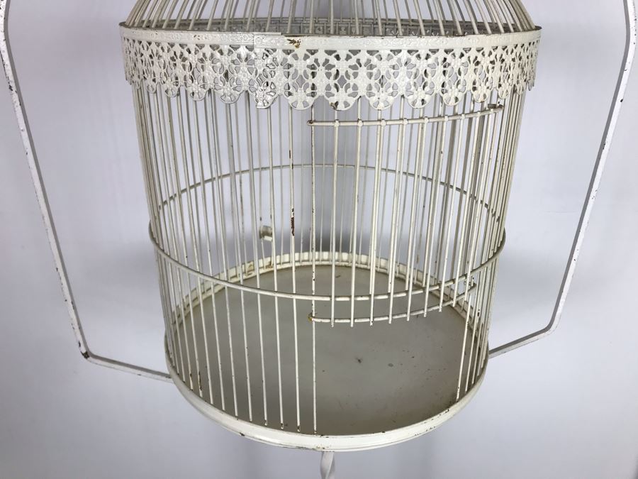 Vintage White Metal Hanging Bird Cage Floor Stand With Bird Cage 5'5'H [Photo 5]