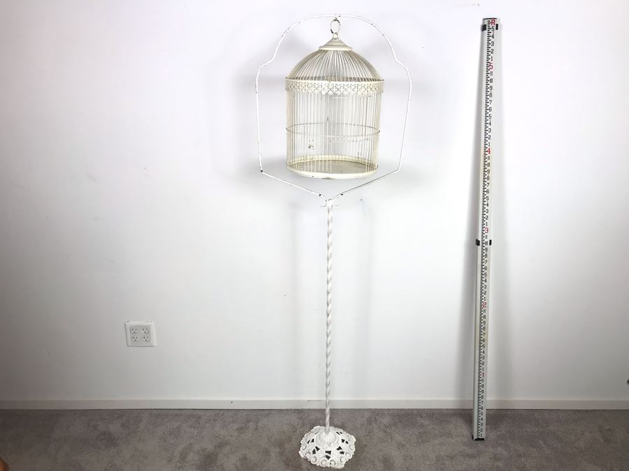 Vintage White Metal Hanging Bird Cage Floor Stand With Bird Cage 5'5'H [Photo 3]