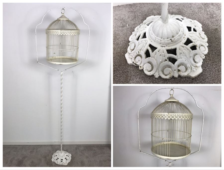 Vintage White Metal Hanging Bird Cage Floor Stand With Bird Cage 5'5'H [Photo 1]