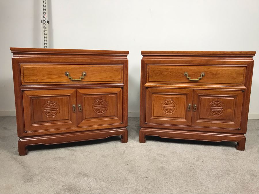 Pair Of Chinese Solid Teak Nightstands Side Tables Very Heavy 26'W X 18'D X 24'H [Photo 1]