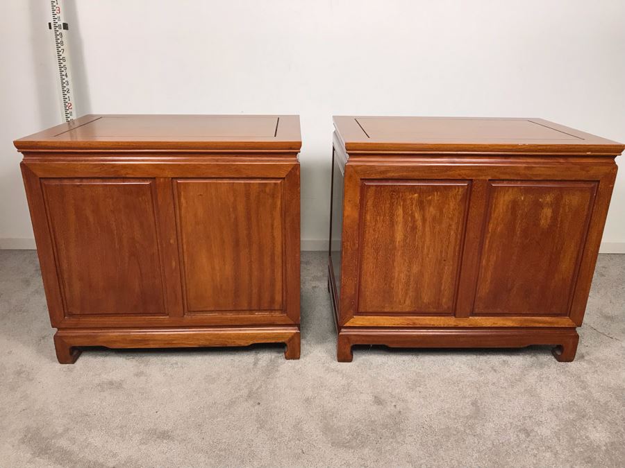 Pair Of Chinese Solid Teak Nightstands Side Tables Very Heavy 26'W X 18'D X 24'H [Photo 14]
