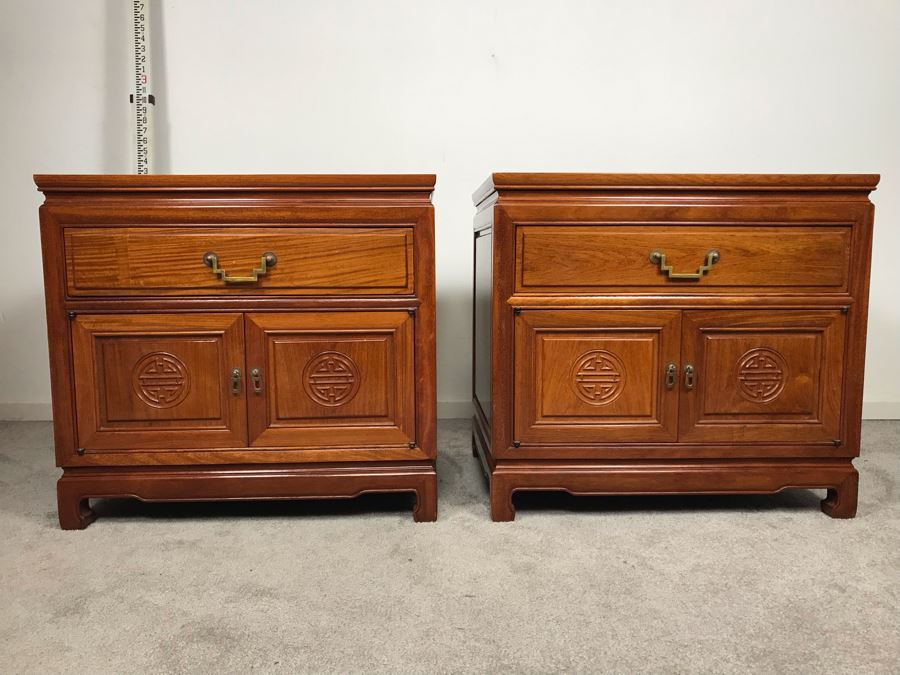 Pair Of Chinese Solid Teak Nightstands Side Tables Very Heavy 26'W X 18'D X 24'H [Photo 10]