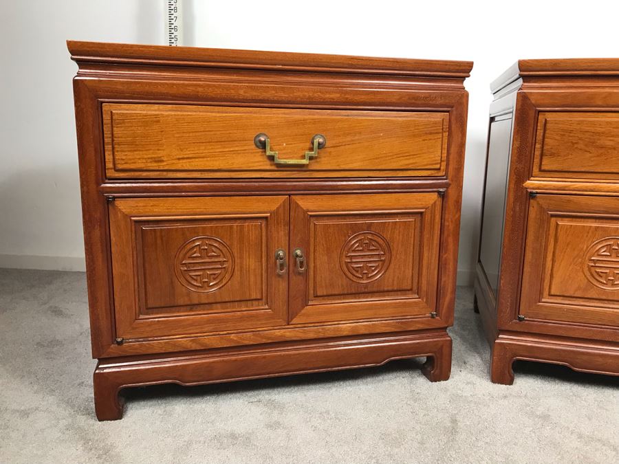 Pair Of Chinese Solid Teak Nightstands Side Tables Very Heavy 26'W X 18'D X 24'H [Photo 3]