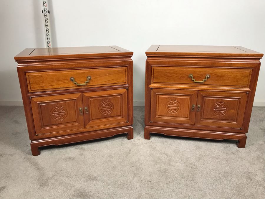 Pair Of Chinese Solid Teak Nightstands Side Tables Very Heavy 26'W X 18'D X 24'H [Photo 2]