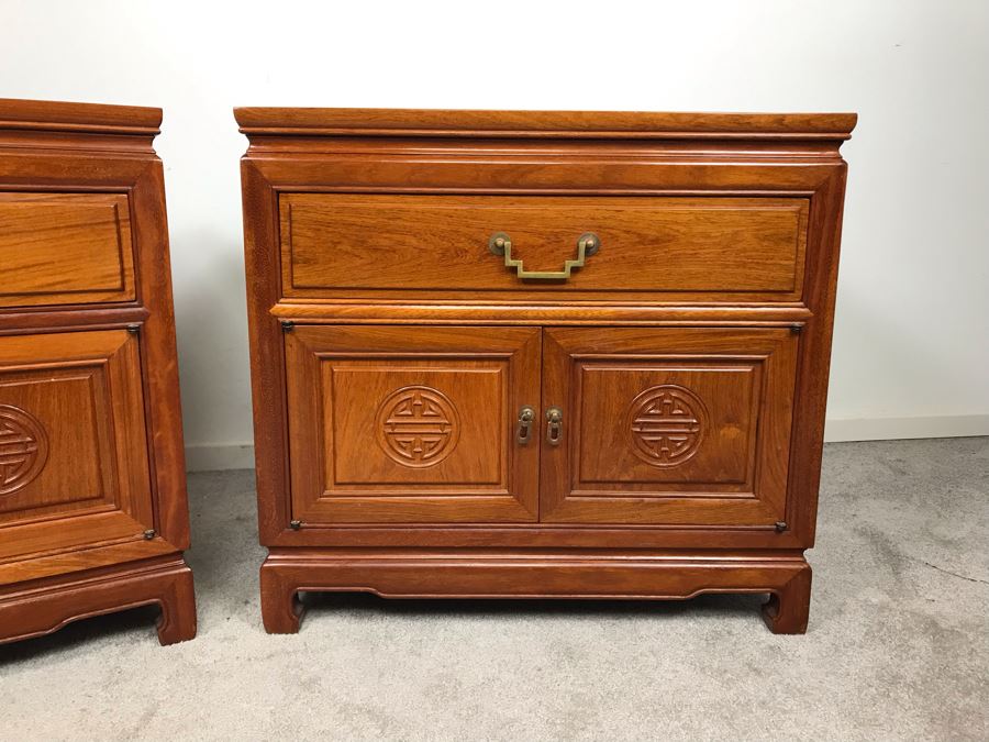 Pair Of Chinese Solid Teak Nightstands Side Tables Very Heavy 26'W X 18'D X 24'H [Photo 4]