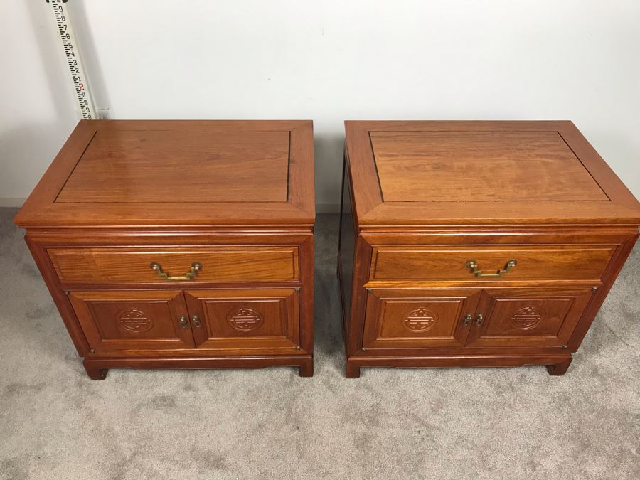 Pair Of Chinese Solid Teak Nightstands Side Tables Very Heavy 26'W X 18'D X 24'H [Photo 11]