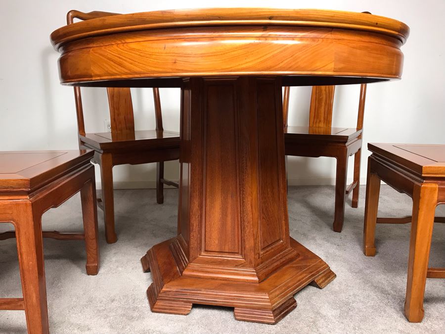 Chinese Solid Teak Pedestal Table With (4) Teak Chairs 40'R X 29.5'H [Photo 14]
