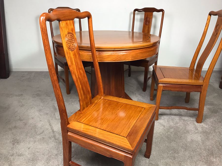 Chinese Solid Teak Pedestal Table With (4) Teak Chairs 40'R X 29.5'H [Photo 11]