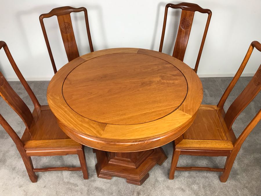 Chinese Solid Teak Pedestal Table With (4) Teak Chairs 40'R X 29.5'H [Photo 5]