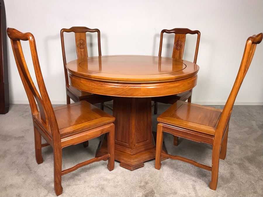 Chinese Solid Teak Pedestal Table With (4) Teak Chairs 40'R X 29.5'H [Photo 21]