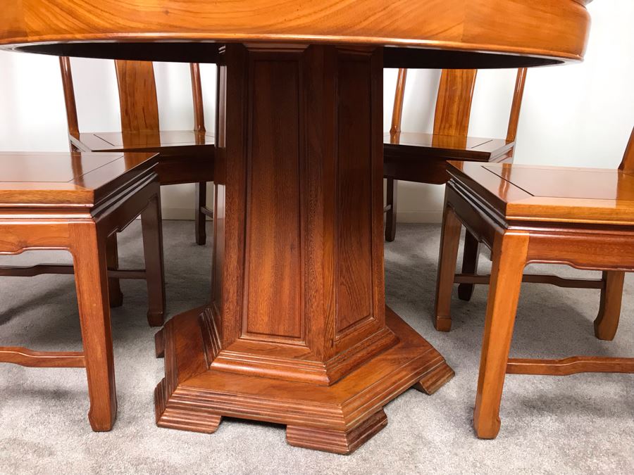 Chinese Solid Teak Pedestal Table With (4) Teak Chairs 40'R X 29.5'H [Photo 4]