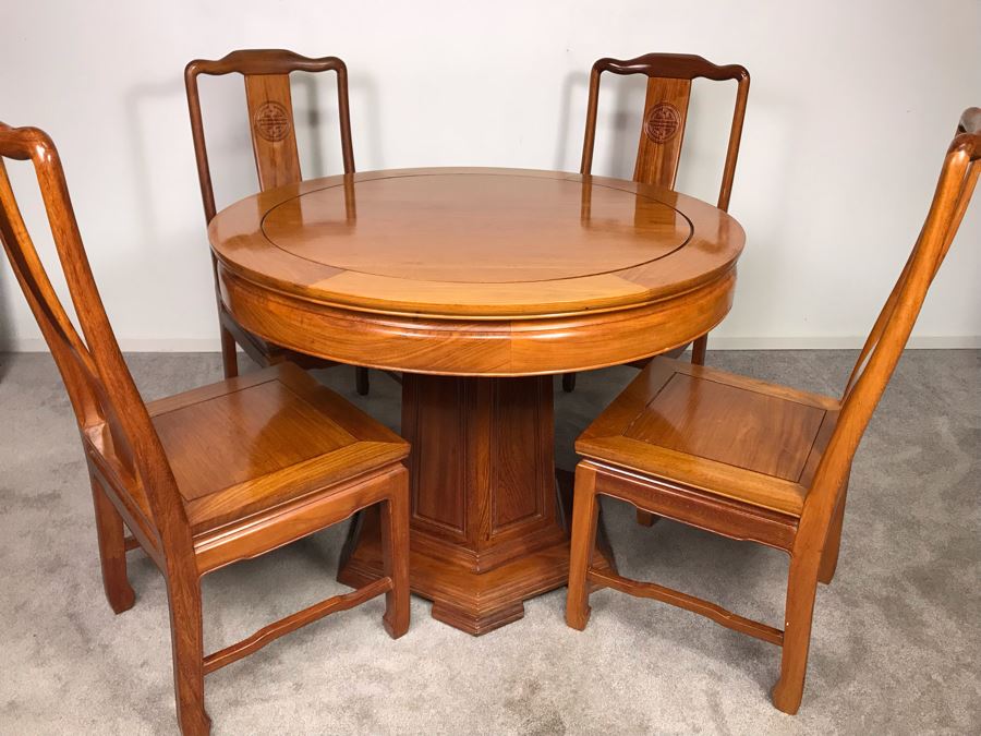 Chinese Solid Teak Pedestal Table With (4) Teak Chairs 40'R X 29.5'H [Photo 23]