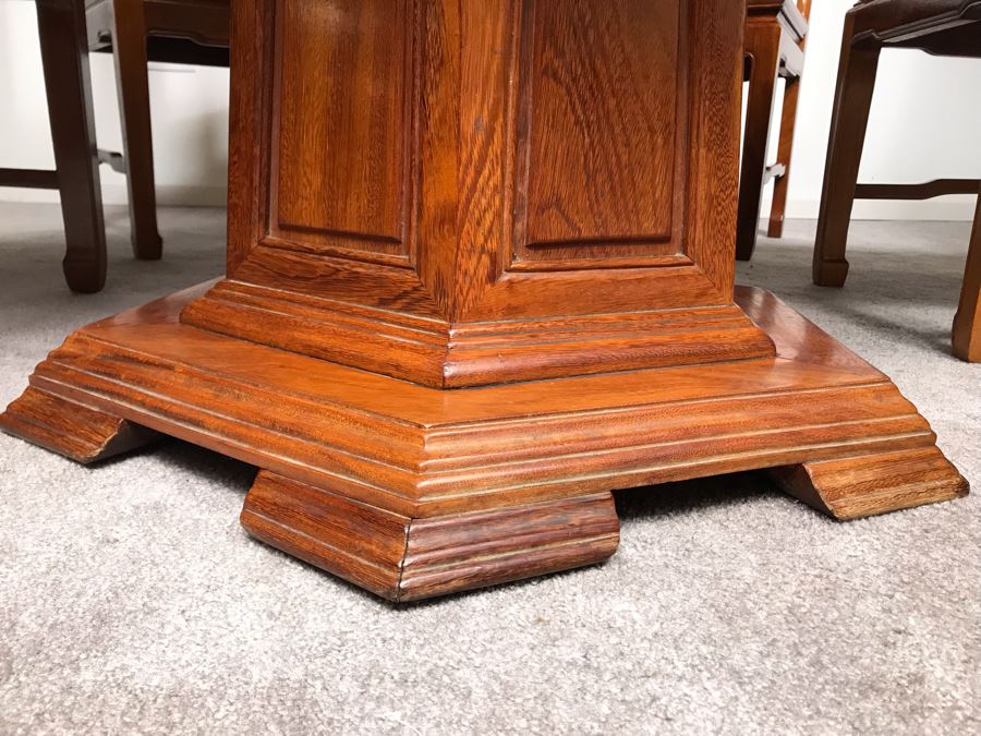 Chinese Solid Teak Pedestal Table With (4) Teak Chairs 40'R X 29.5'H [Photo 20]