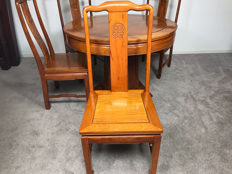 Chinese Solid Teak Pedestal Table With (4) Teak Chairs 40'R X 29.5'H [Photo 7]