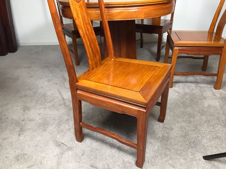 Chinese Solid Teak Pedestal Table With (4) Teak Chairs 40'R X 29.5'H [Photo 12]