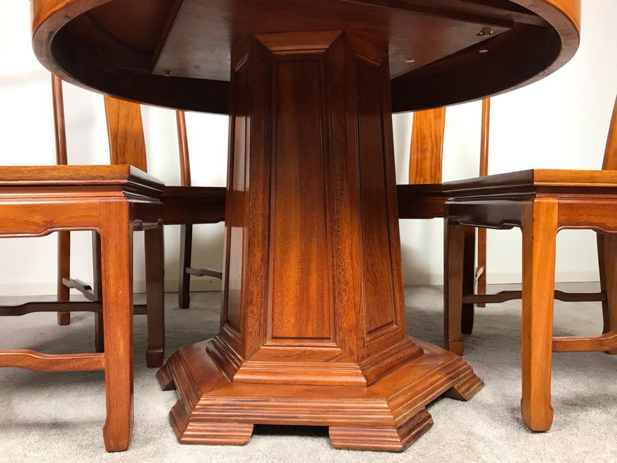 Chinese Solid Teak Pedestal Table With (4) Teak Chairs 40'R X 29.5'H [Photo 6]