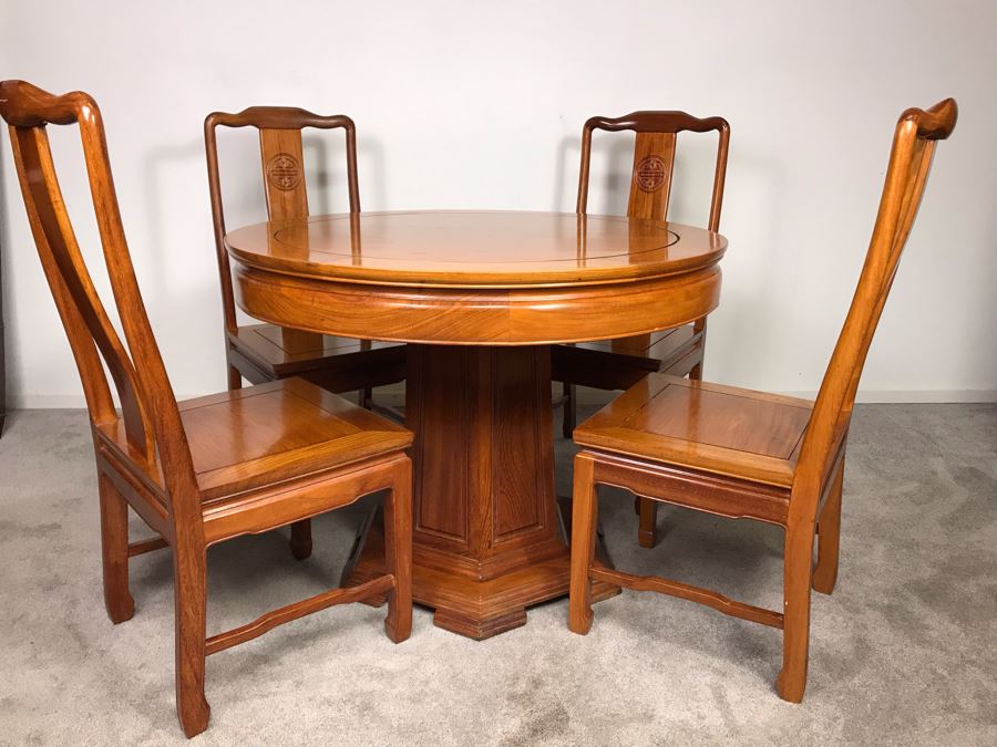 Chinese Solid Teak Pedestal Table With (4) Teak Chairs 40'R X 29.5'H [Photo 22]