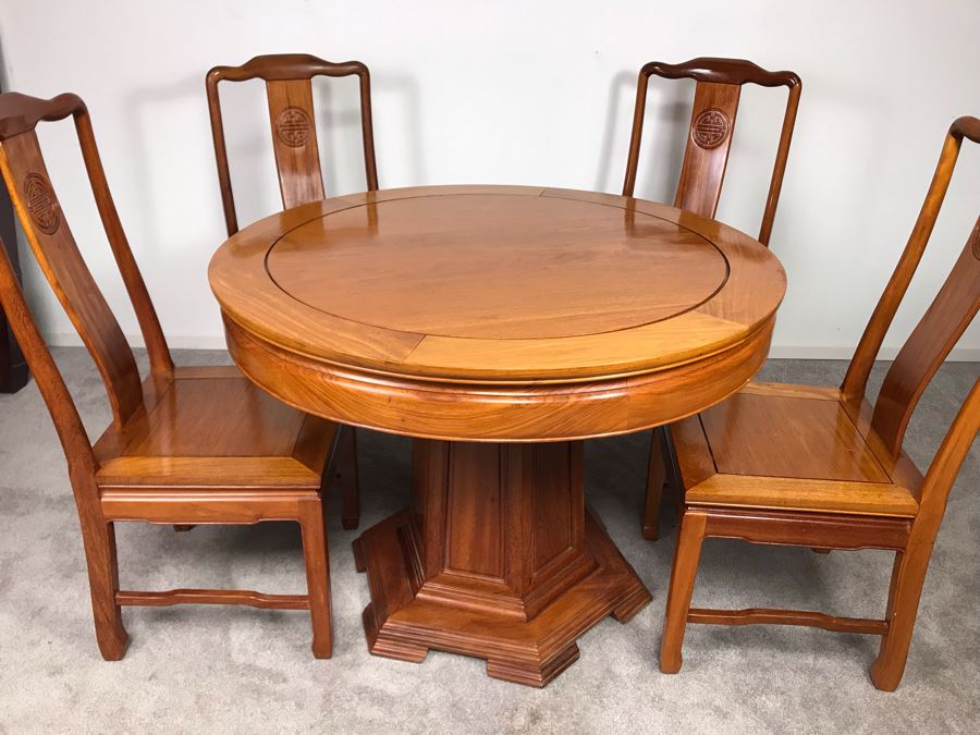 Chinese Solid Teak Pedestal Table With (4) Teak Chairs 40'R X 29.5'H [Photo 3]