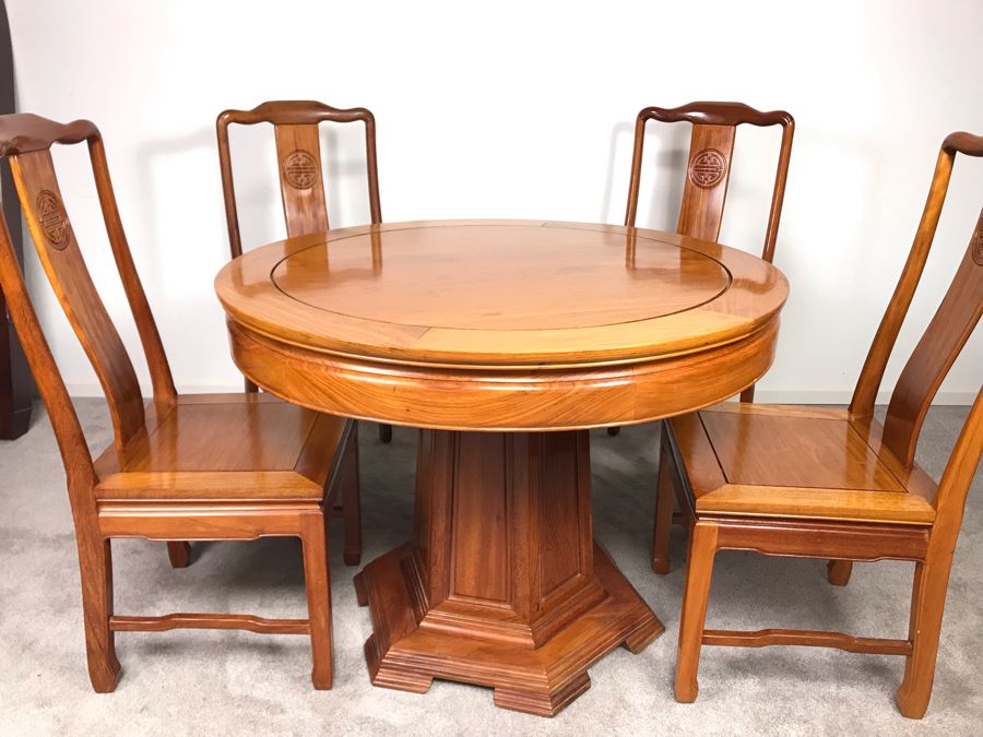 Chinese Solid Teak Pedestal Table With (4) Teak Chairs 40'R X 29.5'H [Photo 1]