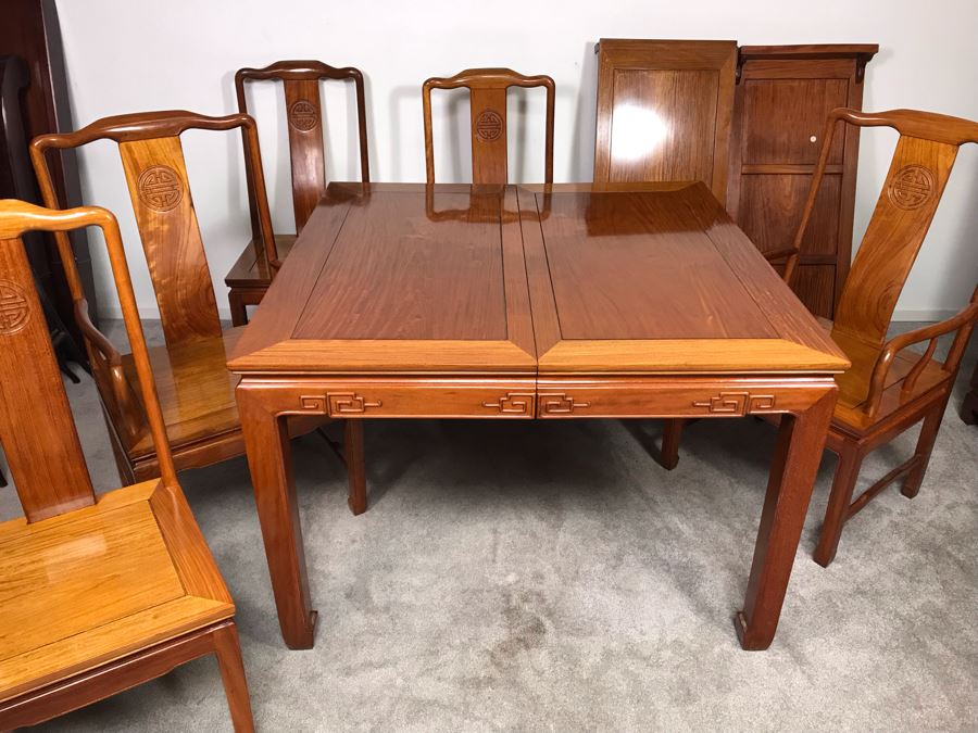 Chinese Solid Teak Dining Table With (2) Teak Armchairs, (3) Teak Chairs (5 Total Chairs) Plus (2) Leaves Shown In Background - 44' X 44' Without Leaves - Each Leaf Is 18'W  [Photo 15]