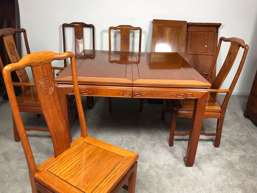 Chinese Solid Teak Dining Table With (2) Teak Armchairs, (3) Teak Chairs (5 Total Chairs) Plus (2) Leaves Shown In Background - 44' X 44' Without Leaves - Each Leaf Is 18'W  [Photo 6]
