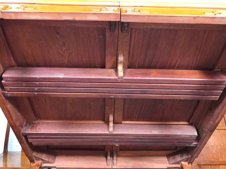 Chinese Solid Teak Dining Table With (2) Teak Armchairs, (3) Teak Chairs (5 Total Chairs) Plus (2) Leaves Shown In Background - 44' X 44' Without Leaves - Each Leaf Is 18'W  [Photo 22]