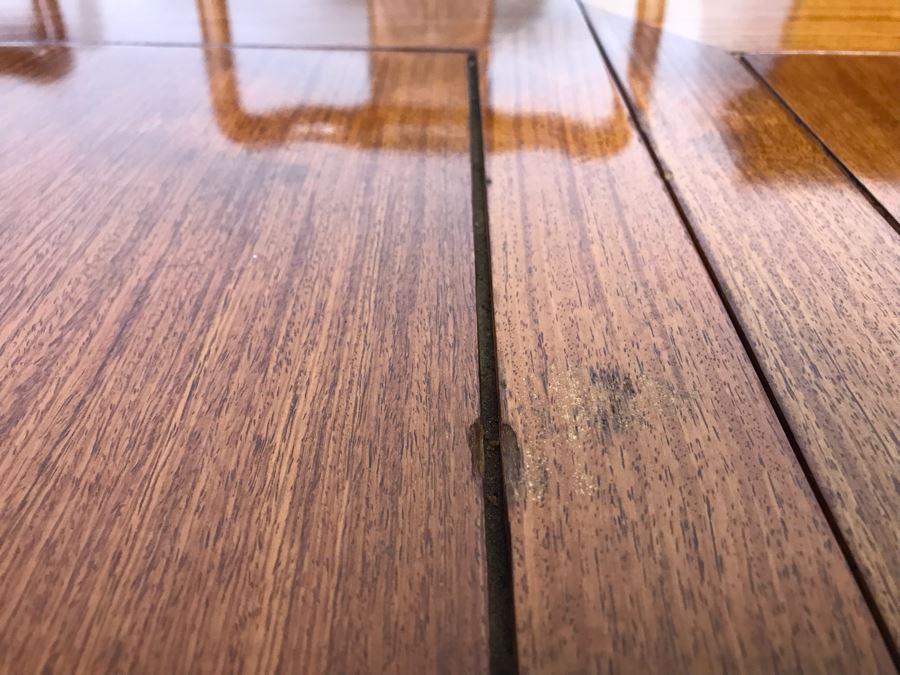 Chinese Solid Teak Dining Table With (2) Teak Armchairs, (3) Teak Chairs (5 Total Chairs) Plus (2) Leaves Shown In Background - 44' X 44' Without Leaves - Each Leaf Is 18'W  [Photo 19]