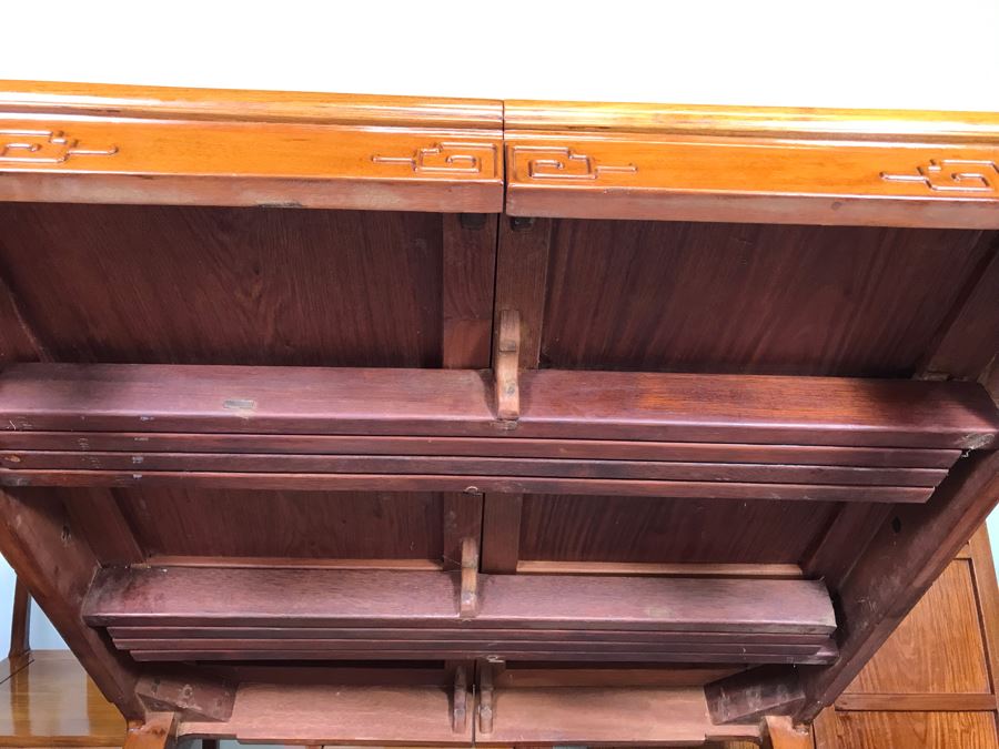 Chinese Solid Teak Dining Table With (2) Teak Armchairs, (3) Teak Chairs (5 Total Chairs) Plus (2) Leaves Shown In Background - 44' X 44' Without Leaves - Each Leaf Is 18'W  [Photo 21]