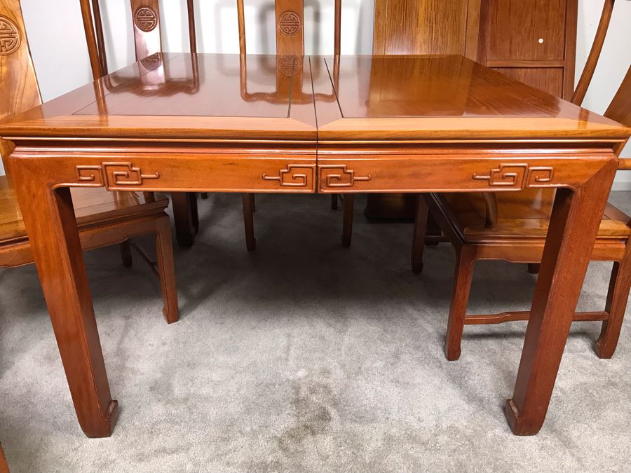 Chinese Solid Teak Dining Table With (2) Teak Armchairs, (3) Teak Chairs (5 Total Chairs) Plus (2) Leaves Shown In Background - 44' X 44' Without Leaves - Each Leaf Is 18'W  [Photo 13]