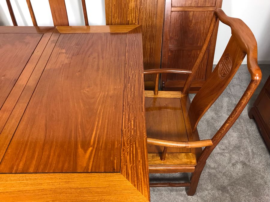 Chinese Solid Teak Dining Table With (2) Teak Armchairs, (3) Teak Chairs (5 Total Chairs) Plus (2) Leaves Shown In Background - 44' X 44' Without Leaves - Each Leaf Is 18'W  [Photo 11]