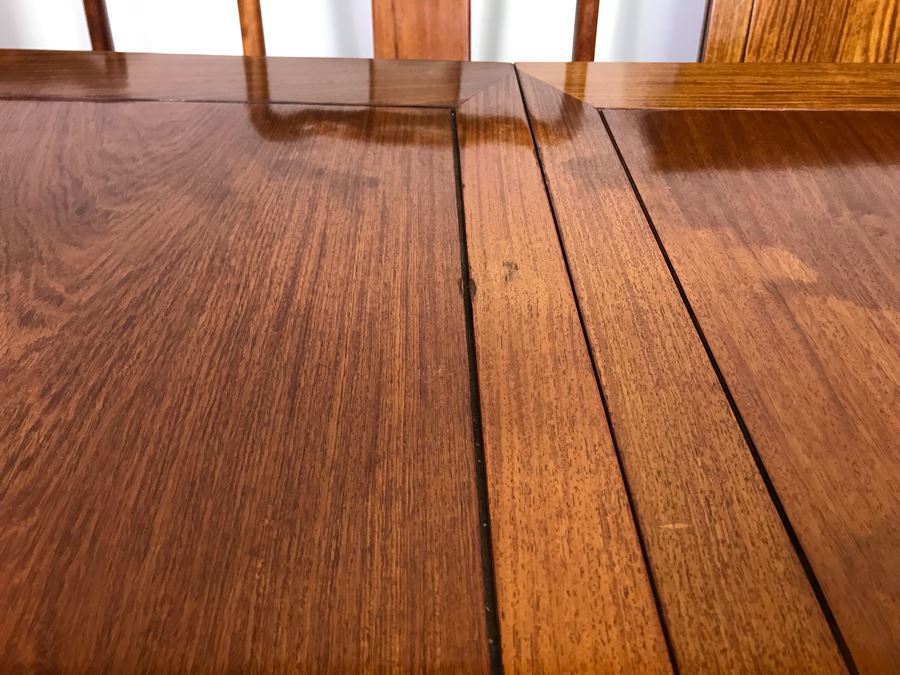 Chinese Solid Teak Dining Table With (2) Teak Armchairs, (3) Teak Chairs (5 Total Chairs) Plus (2) Leaves Shown In Background - 44' X 44' Without Leaves - Each Leaf Is 18'W  [Photo 20]