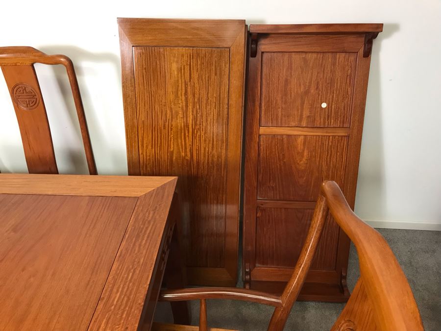Chinese Solid Teak Dining Table With (2) Teak Armchairs, (3) Teak Chairs (5 Total Chairs) Plus (2) Leaves Shown In Background - 44' X 44' Without Leaves - Each Leaf Is 18'W  [Photo 8]