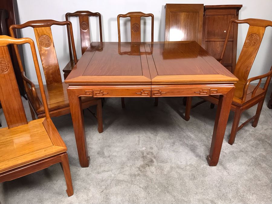 Chinese Solid Teak Dining Table With (2) Teak Armchairs, (3) Teak Chairs (5 Total Chairs) Plus (2) Leaves Shown In Background - 44' X 44' Without Leaves - Each Leaf Is 18'W  [Photo 14]