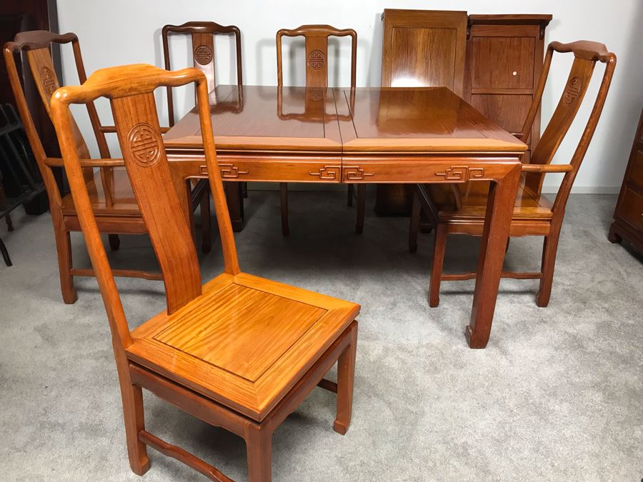Chinese Solid Teak Dining Table With (2) Teak Armchairs, (3) Teak Chairs (5 Total Chairs) Plus (2) Leaves Shown In Background - 44' X 44' Without Leaves - Each Leaf Is 18'W  [Photo 1]