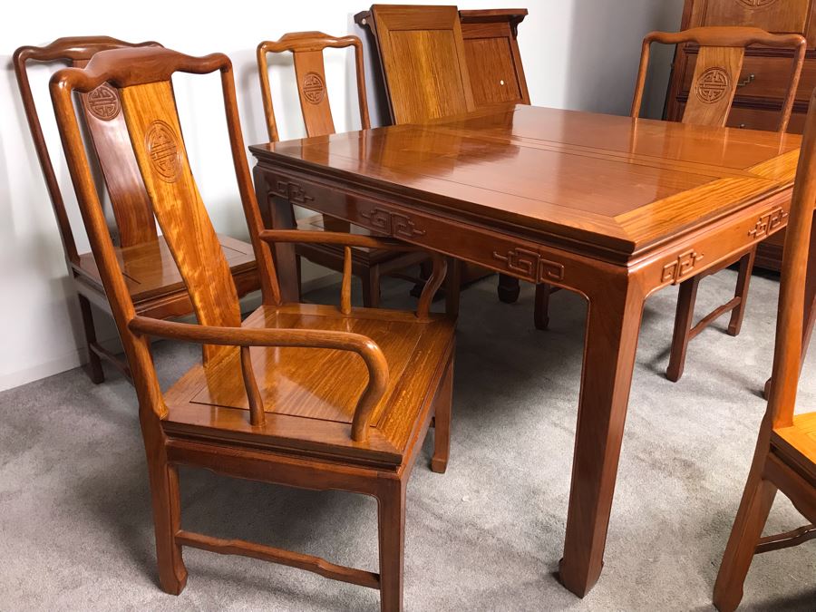 Chinese Solid Teak Dining Table With (2) Teak Armchairs, (3) Teak Chairs (5 Total Chairs) Plus (2) Leaves Shown In Background - 44' X 44' Without Leaves - Each Leaf Is 18'W  [Photo 9]