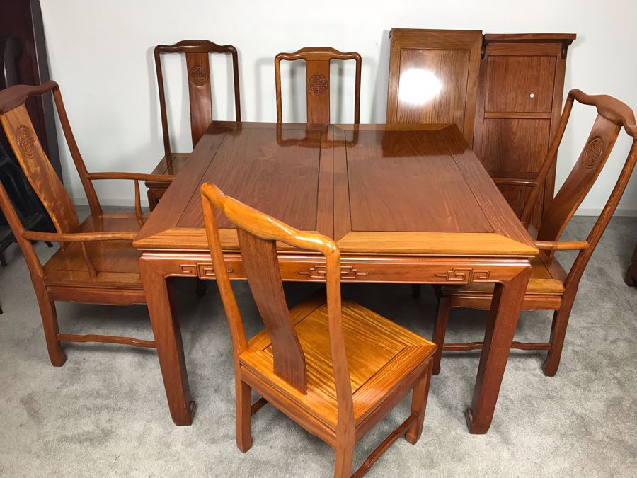 Chinese Solid Teak Dining Table With (2) Teak Armchairs, (3) Teak Chairs (5 Total Chairs) Plus (2) Leaves Shown In Background - 44' X 44' Without Leaves - Each Leaf Is 18'W  [Photo 5]