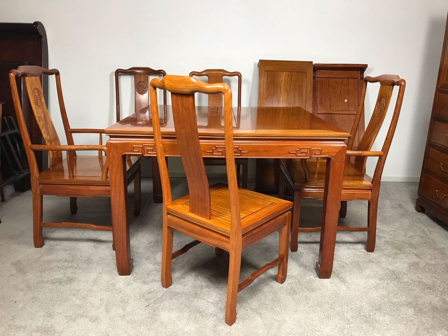 Chinese Solid Teak Dining Table With (2) Teak Armchairs, (3) Teak Chairs (5 Total Chairs) Plus (2) Leaves Shown In Background - 44' X 44' Without Leaves - Each Leaf Is 18'W  [Photo 2]