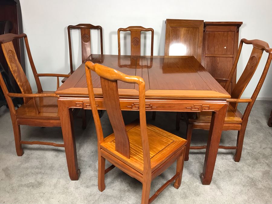 Chinese Solid Teak Dining Table With (2) Teak Armchairs, (3) Teak Chairs (5 Total Chairs) Plus (2) Leaves Shown In Background - 44' X 44' Without Leaves - Each Leaf Is 18'W  [Photo 4]