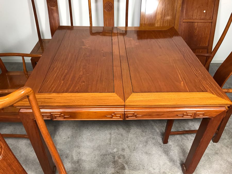 Chinese Solid Teak Dining Table With (2) Teak Armchairs, (3) Teak Chairs (5 Total Chairs) Plus (2) Leaves Shown In Background - 44' X 44' Without Leaves - Each Leaf Is 18'W  [Photo 7]