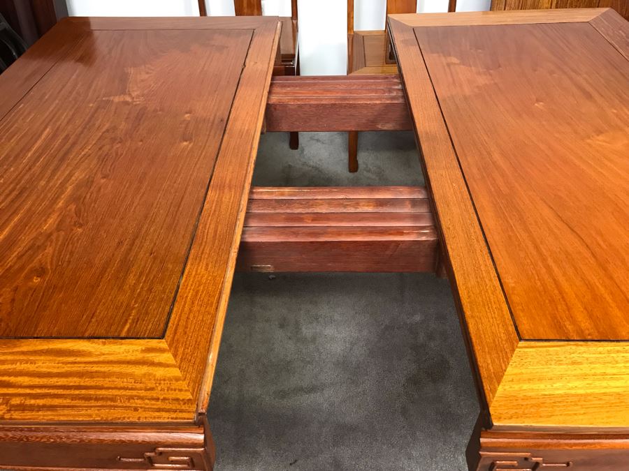 Chinese Solid Teak Dining Table With (2) Teak Armchairs, (3) Teak Chairs (5 Total Chairs) Plus (2) Leaves Shown In Background - 44' X 44' Without Leaves - Each Leaf Is 18'W  [Photo 23]