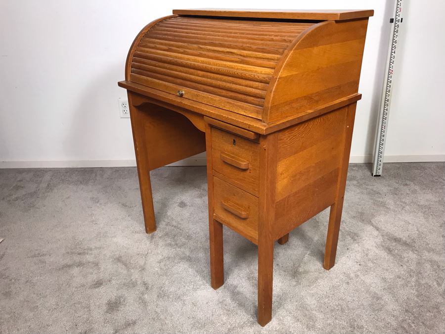 Vintage Small Oak Roll Top Desk 30'W X 18'D X 37'H