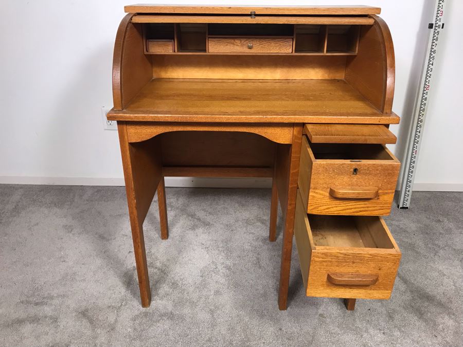 Vintage Small Oak Roll Top Desk 30 W X 18 D X 37 H