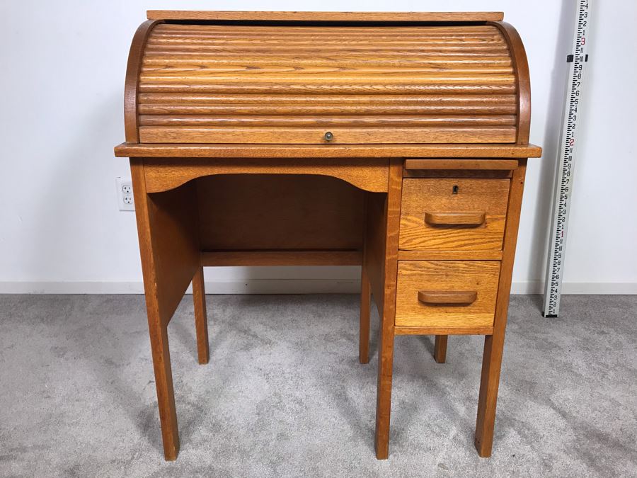 Vintage Small Oak Roll Top Desk 30 W X 18 D X 37 H