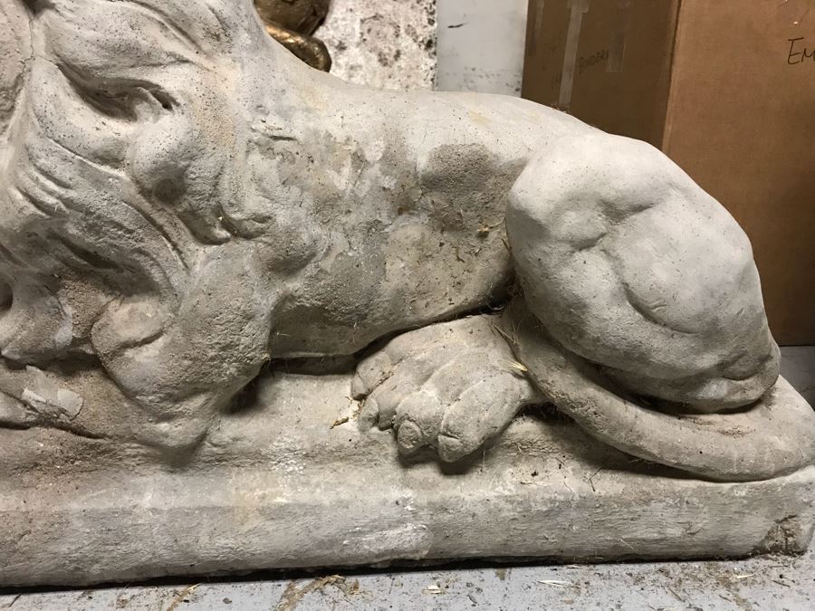 Pair Of Large Extremely Heavy Cast Cement Lions Sentinels Garden Statuary Each Measures 3'L [Photo 11]
