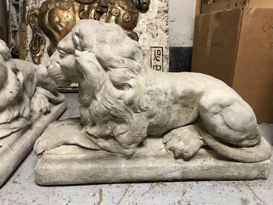 Pair Of Large Extremely Heavy Cast Cement Lions Sentinels Garden Statuary Each Measures 3'L [Photo 10]