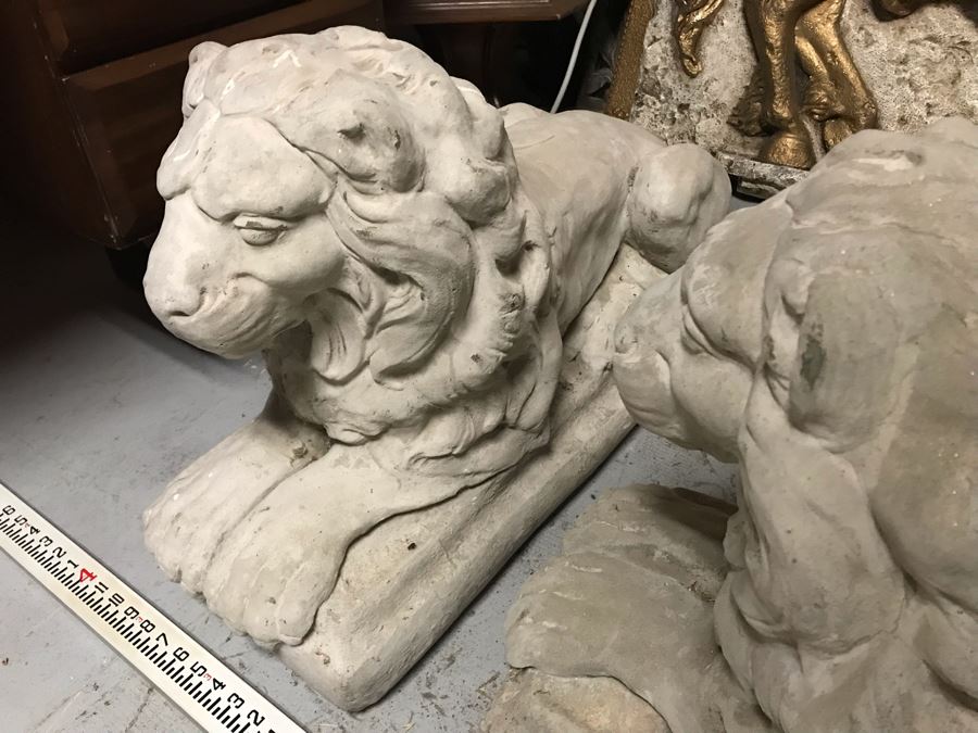 Pair Of Large Extremely Heavy Cast Cement Lions Sentinels Garden Statuary Each Measures 3'L [Photo 15]