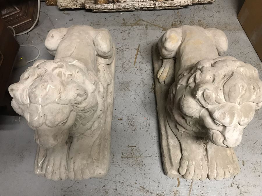 Pair Of Large Extremely Heavy Cast Cement Lions Sentinels Garden Statuary Each Measures 3'L [Photo 7]