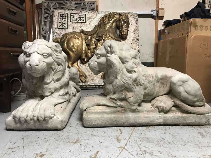 Pair Of Large Extremely Heavy Cast Cement Lions Sentinels Garden Statuary Each Measures 3'L [Photo 9]