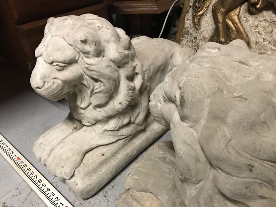 Pair Of Large Extremely Heavy Cast Cement Lions Sentinels Garden Statuary Each Measures 3'L [Photo 16]
