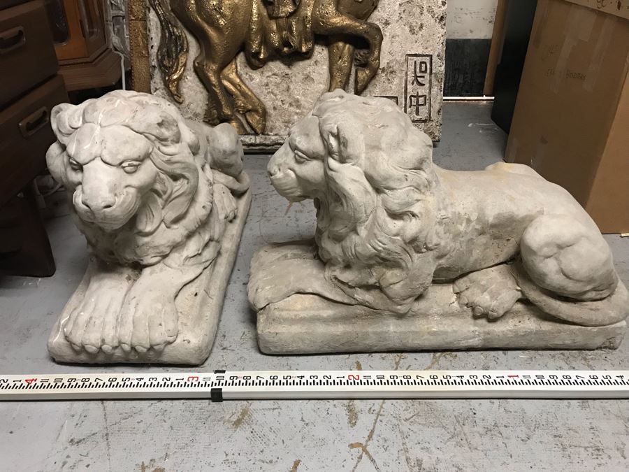 Pair Of Large Extremely Heavy Cast Cement Lions Sentinels Garden Statuary Each Measures 3'L [Photo 12]